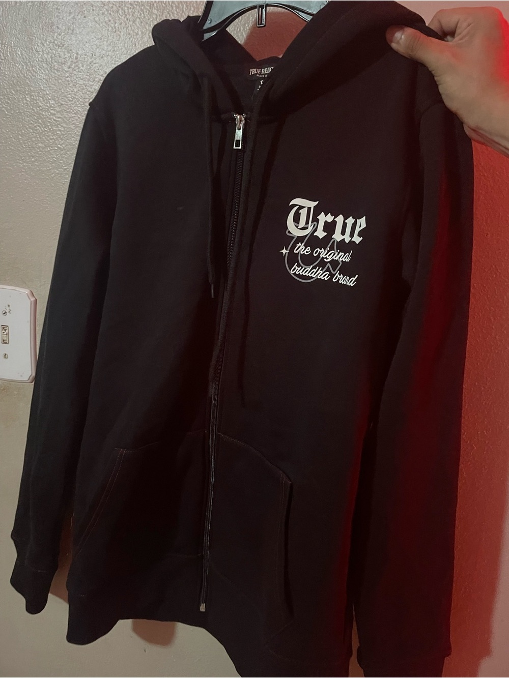 True Religion Black Zip-Up Hoodie with White Script Logo